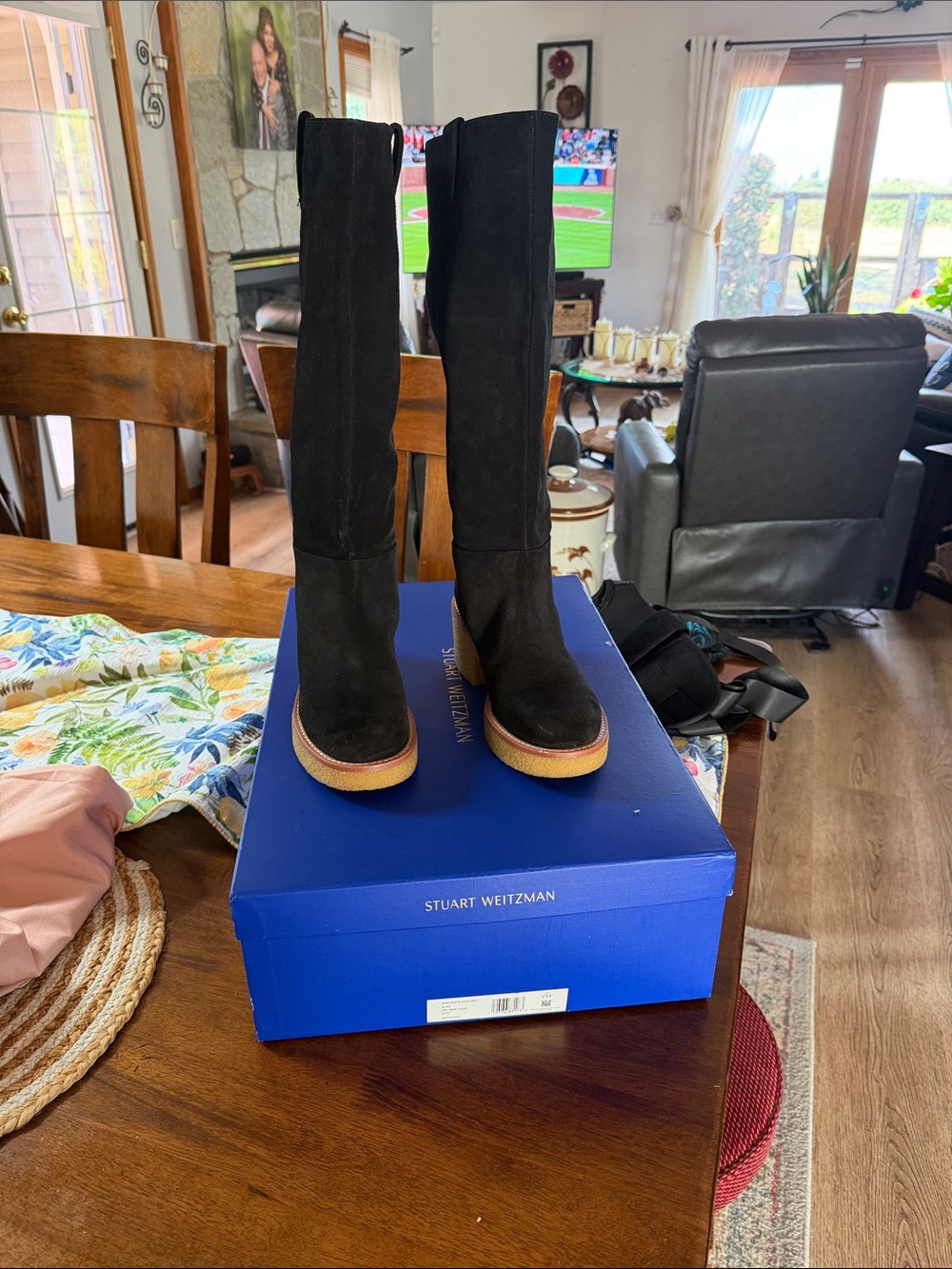 Stuart Weitzman Black Suede Over-the-Knee Boots with Natural Wood-Look Platform